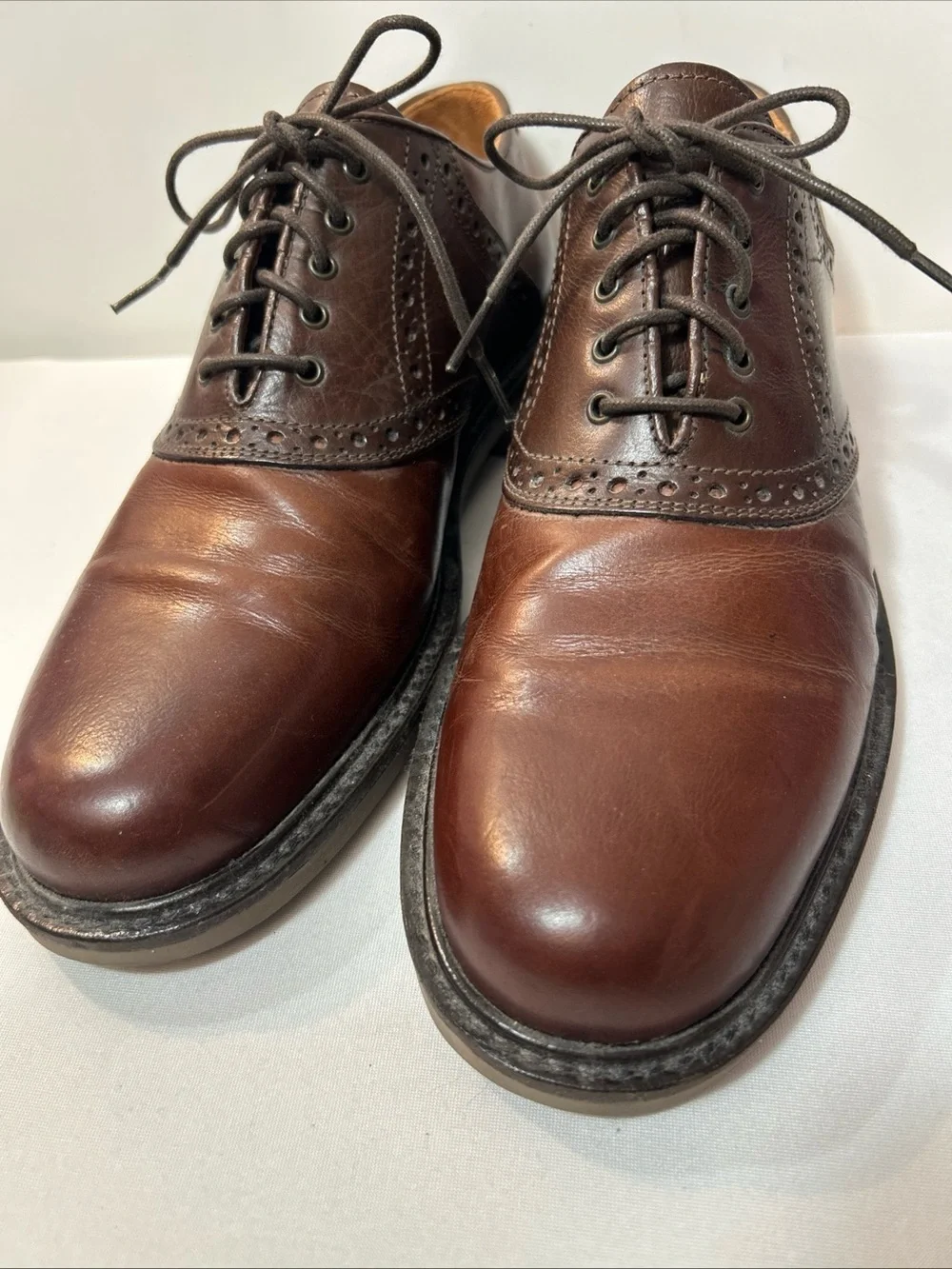 Men's Classic Brown Leather Oxford Shoes with Brogue Detailing Made In Italy Vtg